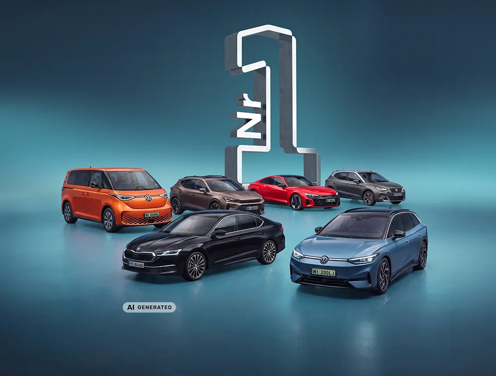 Sześć samochodów marki Volkswagen ustawionych wokół dużego numeru 1 na niebieskim tle.

